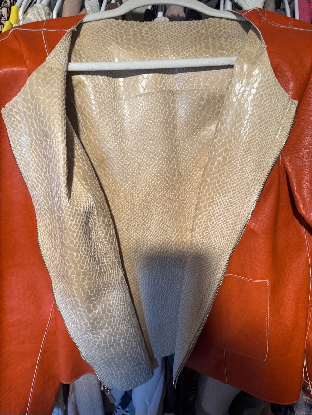Women's Orange Leather Jacket with Cream Snake-Texture Lining